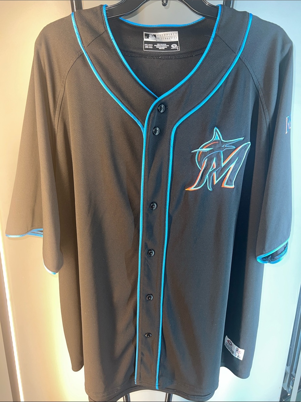 Black Miami Marlins Button-Front Baseball Jersey with Teal Trim